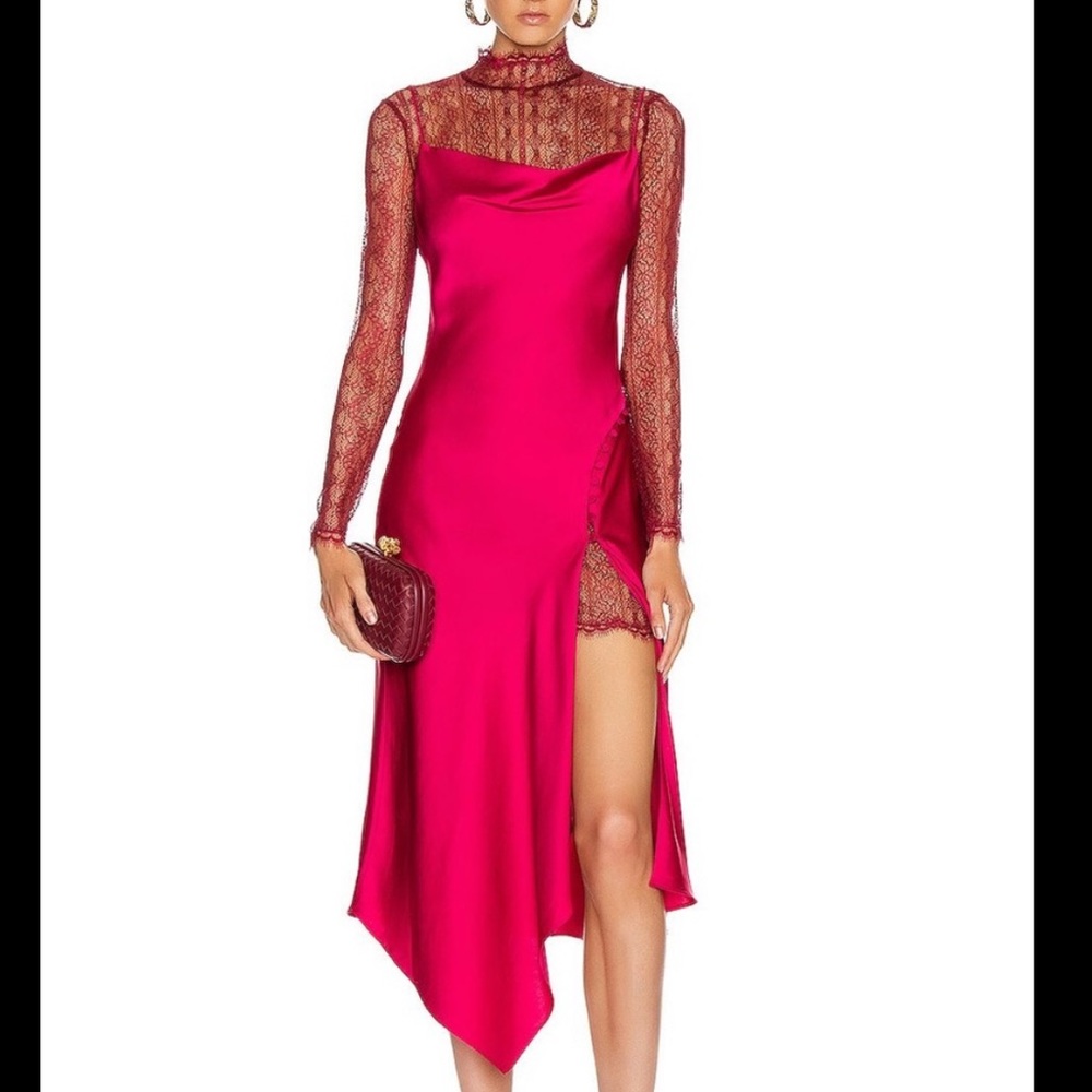 SIMKHAI red satin lace cocktail midi slip dress. Trending Red and Maroon